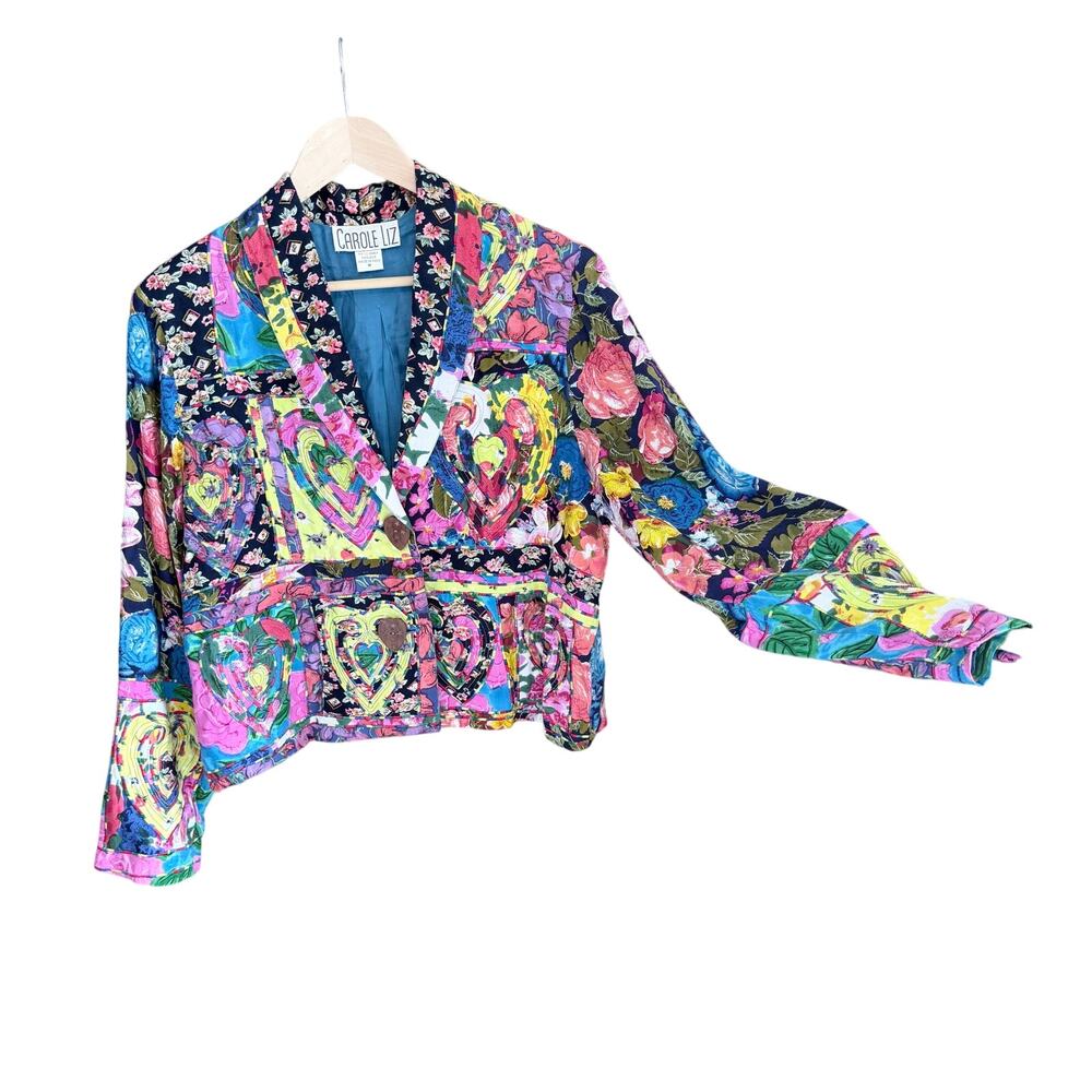 Vintage patchwork 100% silk colorful quilted hearts blazer dopamine whimiscal M